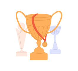 Winner's trophy icon. Award of athlete with golden cup and gold medal. Reward for first place, win, victory with prize. Business success. Flat isolated vector illustration on white background