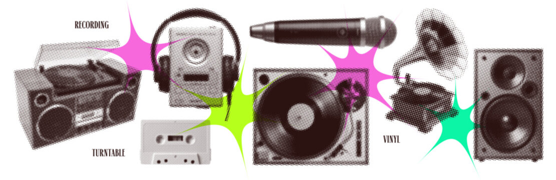 Vintage gramophone, various vintage vinyl players set, halftone dot design, retro music concept for vinyl records enthusiasts, antique audio equipment collection, cassette, speaker. Vector