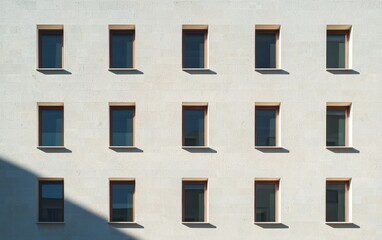 Obraz premium Close-up view of a concrete building facade with multiple rectangular windows and partial shadow