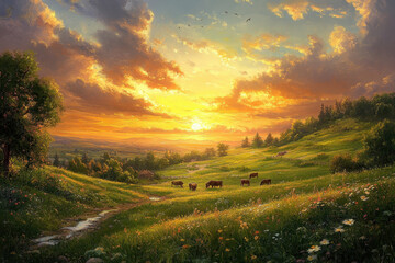 Cows grazing peacefully in a vast field under a soft blue sky.