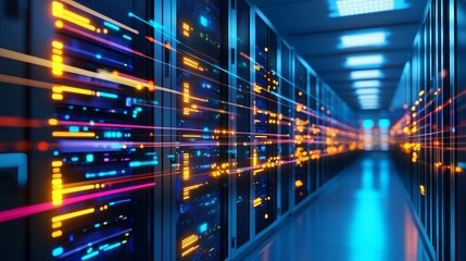 Vibrant Data Center Corridor with Colorful Light Trails and High-Tech Servers in Background