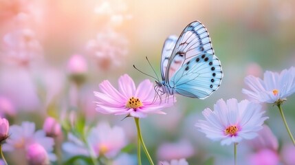 Fototapeta premium Spring morning on nature and flying butterfly on fresh soft background, macro. Beautiful artistic elegant image of spring, summer nature. 