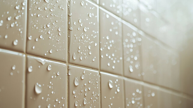 Gleaming bathroom tiles with water droplets create fresh and clean atmosphere