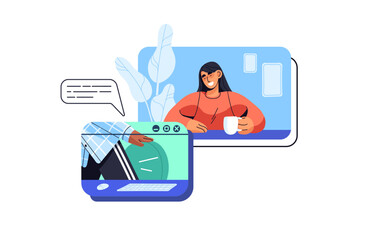 Happy friends talk by online call. Employees converse by video conference. Remote work at meeting in internet. Distance communication concept. Flat isolated vector illustration on white background