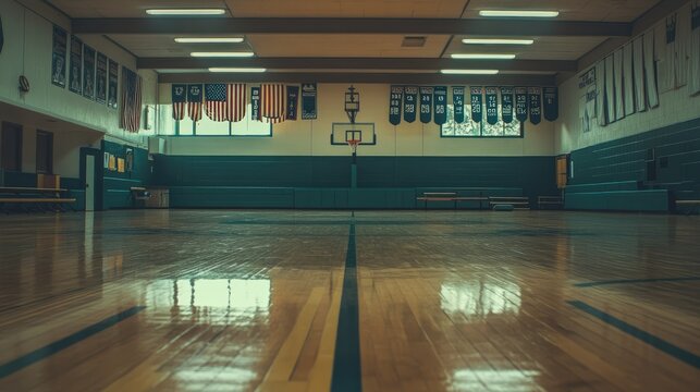 A high school gymnasium with polished wooden floors, a basketball hoop, and sports banners hanging from the ceiling.