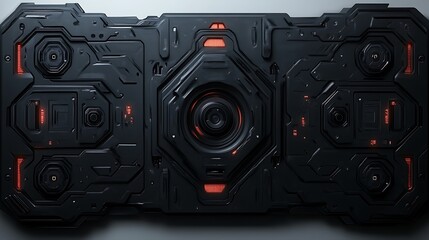 Fototapeta premium Futuristic Black Panel with Central Lens and Red Lights