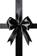Elegant black ribbon bow PNG with glossy satin texture isolated on a transparent background