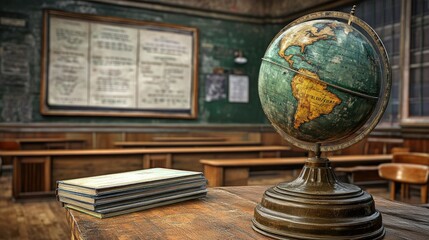A history classroom in a high school with an antique globe, a timeline on the wall, and a stack of history textbooks.
