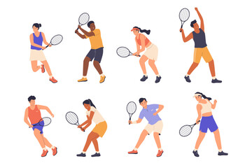 Set illustration of tennis player concept. Athlete characters holding rackets to play tennis. Illustration for website, landing page, mobile app, poster and banner.