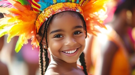 Joyful Brazilian girl in vibrant carnival costume, smiling brightly with braided hair and feather headband, surrounded by festive crowds. Close-up portrait with blurred lively background.