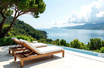 Terrace with sun loungers against the sea. concept of rest and relaxation.