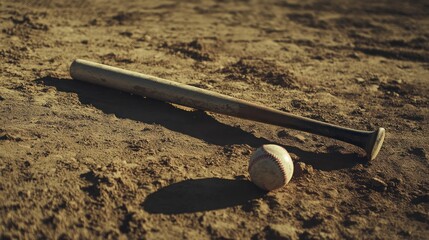 A baseball bat resting on a dirt field with a ball beside it.