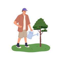 Happy person cares about growing garden tree sapling. Young man pours water from watering can on green plant. Gardener goes planting of park. Flat isolated vector illustration on white background