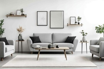 Modern living room with gray sofa, coffee table, armchairs, and minimalist decor.