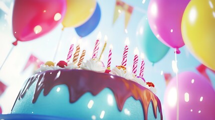 Celebrate birthday cake in party, with balloons.