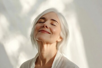A serene senior woman with white hair smiles gently, eyes closed, against a bright white background, illuminated by soft sunlight, embodying tranquility and grace.