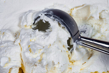 vanilla ice cream in a bowl with spoon, close-up