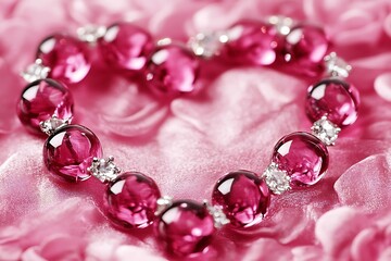 Fototapeta premium Ruby heart necklace on satin with petal backdrop