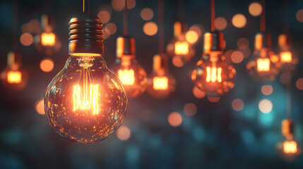 Background of floating light bulbs with glowing filaments casting an ethereal glow, glowing, floating, light bulbs. Luminous Filaments. Illustration