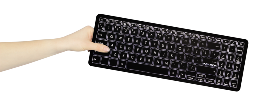 keyboard in hand, outstretched hand with keyboard  isolated from background	