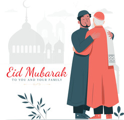 Muslim man hugging and wishing to each other on occasion of Eid. Eid Mubarak banner vector. Eid greetings hand drawing  illustrations design
