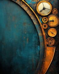 Fototapeta premium Vintage Steampunk Background with Gears and Clocks in Blue and Copper Tones for Creative Projects and Design Applications
