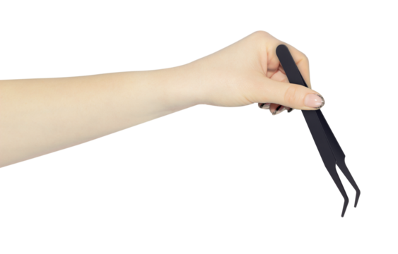 Black metal anti-static tweezers tool in hand, outstretched hand with tweezers tool isolated from background