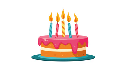 Cheerful birthday cake with candles on a plate, celebration concept