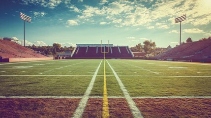 Obraz premium College football stadium with an empty field, goalposts, and neatly painted yard lines, ready for game day.
