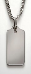 Fototapeta premium A high-resolution, front view of a rectangular dog tag on a chain against a white background, showcasing professional product photography with no blur, shadows, or text.