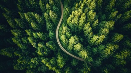 A breathtaking aerial view of a dense evergreen forest with a winding path cutting through.