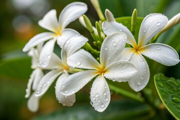Fototapeta premium Delicate White Plumeria Flowers Adorned with Fresh Morning Dew Drops in Nature's Embrace