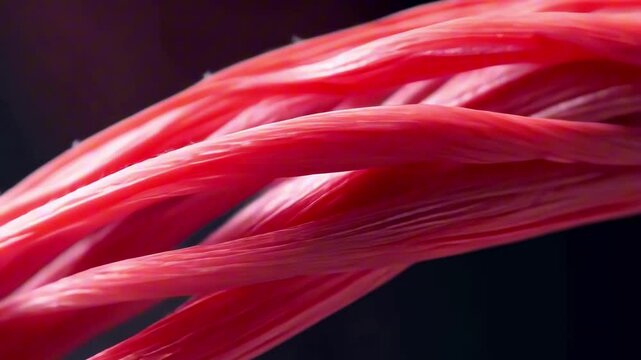 Detailed close-up of muscular tissue reveals intricate fibers and textures, with a gradual zoom enhancing the organic forms and visual complexity of the scene