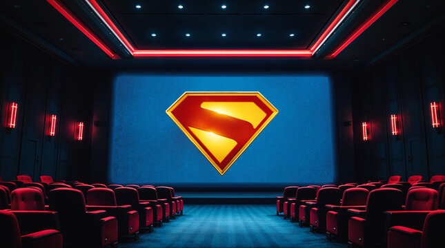 Superman Logo, Cinema Auditorium, Movie Theater Interior, Red Velvet Empty Seats, DC Comics Blockbuster, James Gunn's Superman Film Poster On Cinema Screen, London, UK, 2025