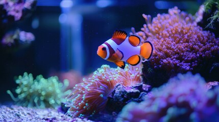 Clown fish swimming playfully in a vibrant aquarium surrounded by colorful corals and plants
