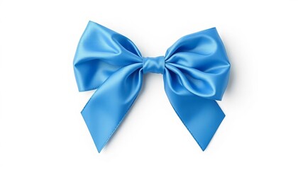 A single, elegant blue satin bow, tied perfectly, isolated on a pure white background, elegant, satin bow