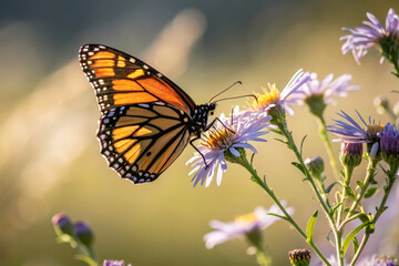 Fototapeta premium Monarch Butterfly on Purple Flower Petals in Soft Nature Background at Sunrise