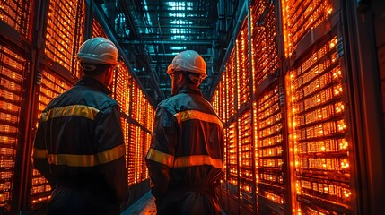 IT Technicians Troubleshoot Glowing Server Racks in Sleek Futuristic Data Center with Modern Lighting