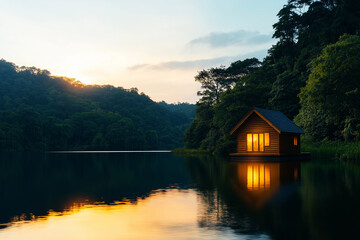 Fototapeta premium serene wooden house floating on tranquil lake, surrounded by lush forest at sunset. warm glow from windows reflects beautifully on water surface, creating peaceful atmosphere