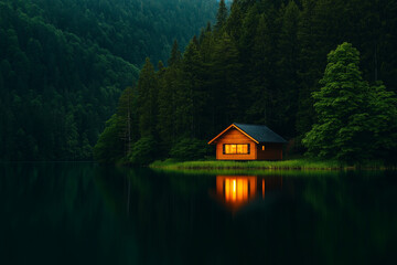 Fototapeta premium serene wooden house by tranquil lake, illuminated warmly at dusk, surrounded by lush green trees and mountains, creating peaceful atmosphere