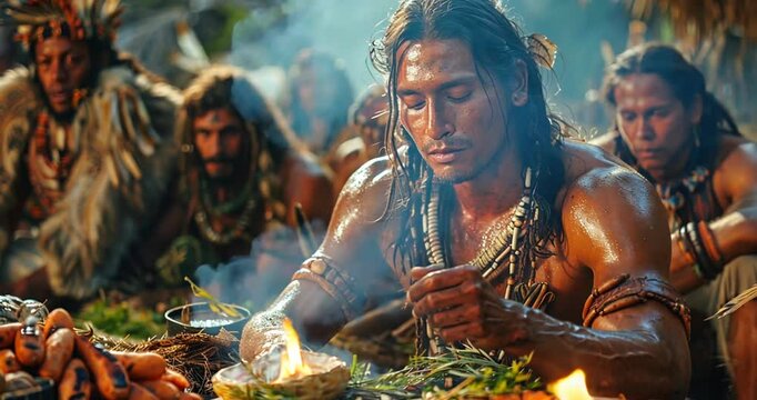 Indigenous people gathering, ritual fire, jungle background, possible use in documentaries or historical recreations