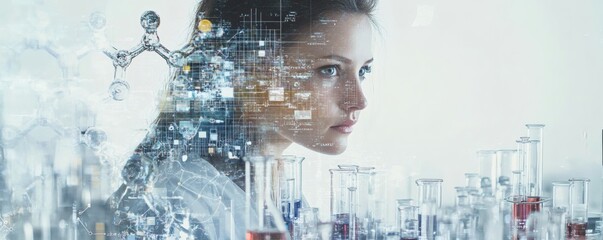 A scientist examining lab equipment with a digital overlay present