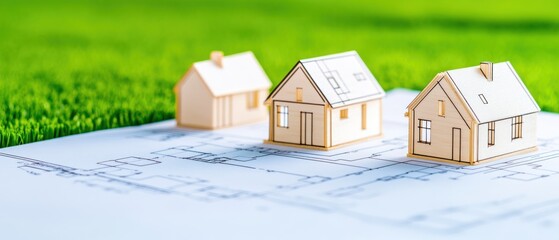 Dream Home Designs:  Architectural Plans & Wooden Models on Grassy Background
