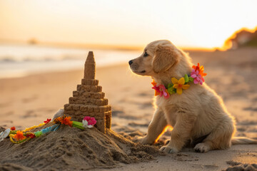 Obraz premium Cute Puppy with Floral Necklace Beside Sandcastle on Beach at Sunset, Perfect for Summer Vibes