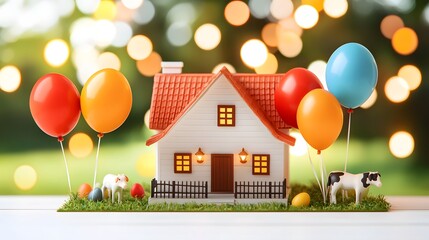 Cheerful summer gathering with balloons and cake countryside flat lay vibrant celebration warm afternoon family fun