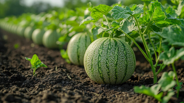 Fresh green melon growing on a farm, covered in morning dew, surrounded by lush green leaves in soft sunlight
