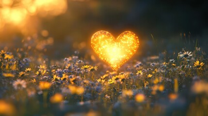 Fototapeta premium Glowing Heart Shape Illuminates a Field of Wildflowers in a Serene Clearing, Bringing Warmth and Light to the Natural Setting