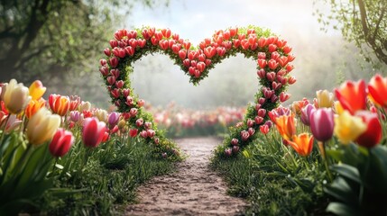 Heart-Shaped Floral Archway Surrounded by Vibrant Tulips on a Peaceful Spring Day in a Serene Natural Setting