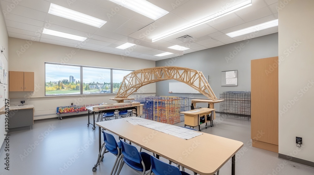 Poster engineering classroom with drafting tables, blueprints, and a model bridge representing structural d