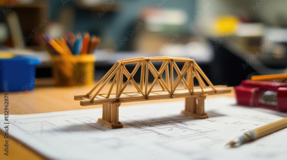 Poster engineering classroom with drafting tables, blueprints, and a model bridge representing structural d
